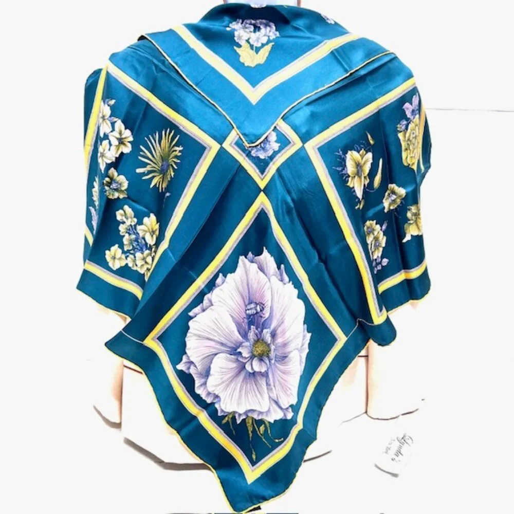Unused Italy Scarf Franchino Silk Teal Blue Gold Purple Floral 31" x31" (23 - Picture 1 of 10